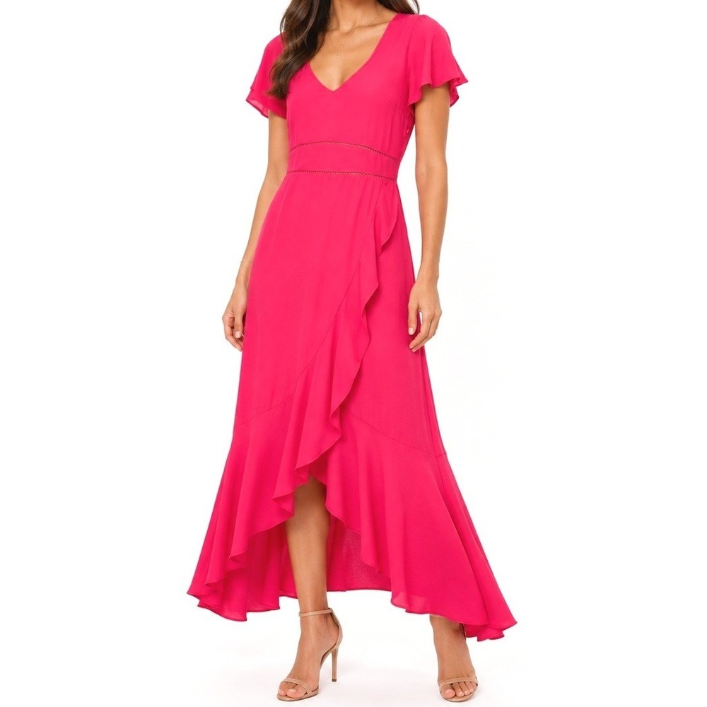 NEW Tuckernuck Francesca Faux Wrap Midi Dress XS Vibrant Pink High-Low Ruffle